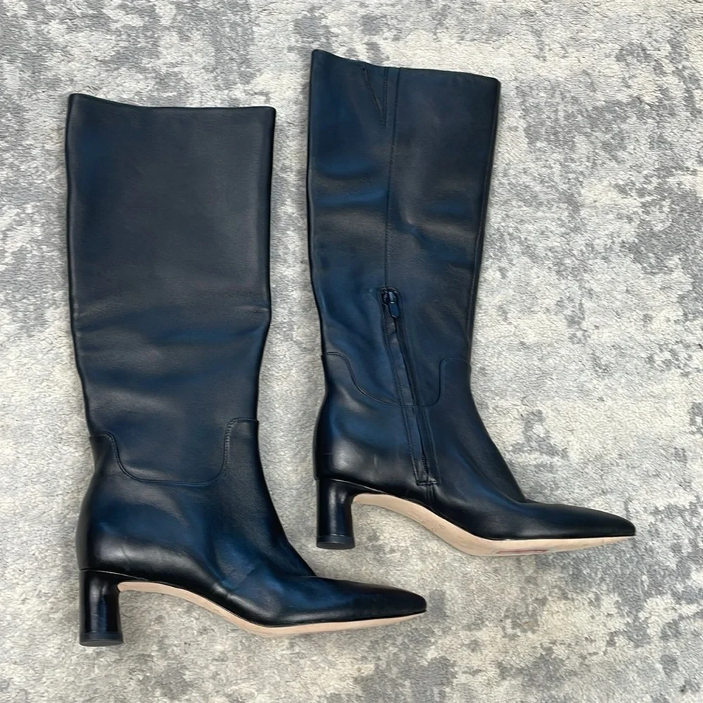 New Vince Floris Leather Boot Mid Calf Black Low Heel Everyday Sz 5